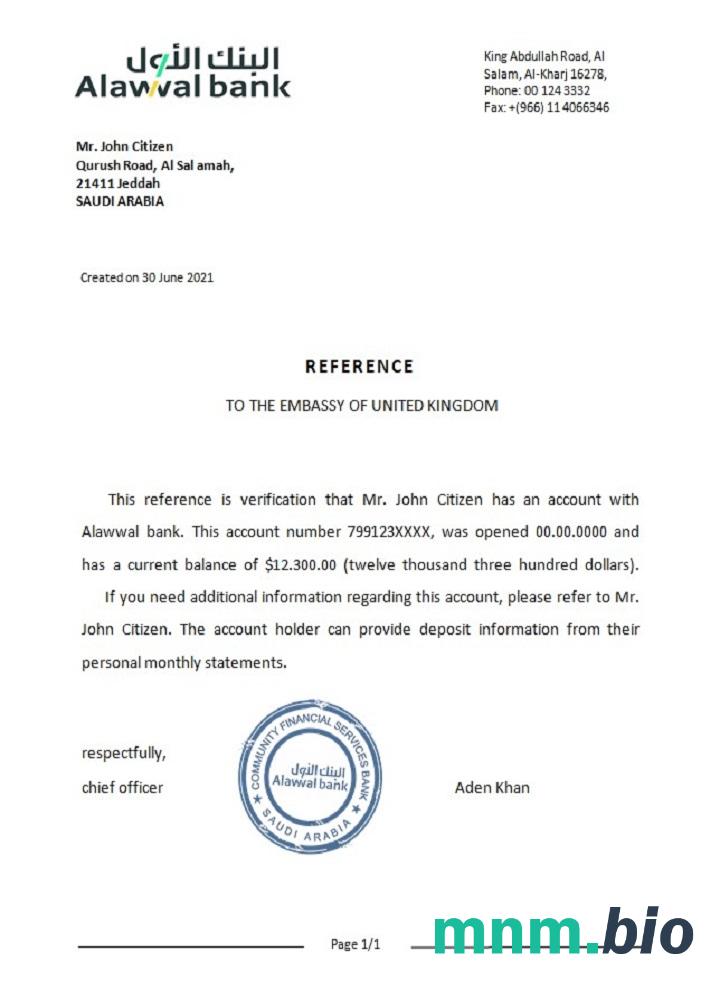 Arabia Saudyjska Alawwal bank przykład odniesienia w formatach Word i PDF